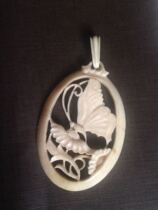  French 19th century Milky white tooth carved butterfly pendant pendant