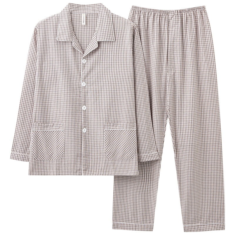 Summer Men's Short-Sleeved Pure Cotton Woven Pajamas Long-Sleeved Long Pants Woven Fabric Large Size Plaid Pajamas with Open Placket Summer Men's Short-Sleeved Pure Cotton Woven Pajamas Long-Sleeved Long Pants Woven Fabric Large Size Plaid Pajamas with Open Placket