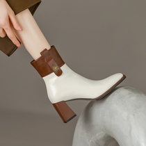 Italian Corso Venezia color-blocked thick-heeled high-heeled Chelsea boots patent leather short-tube genuine leather non-slip soft sole