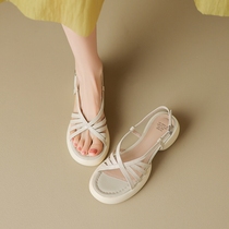 Italian Corso Venezi casual thick-soled fish mouth cool xie womens summer thick heel genuine leather versatile mid-heeled braid