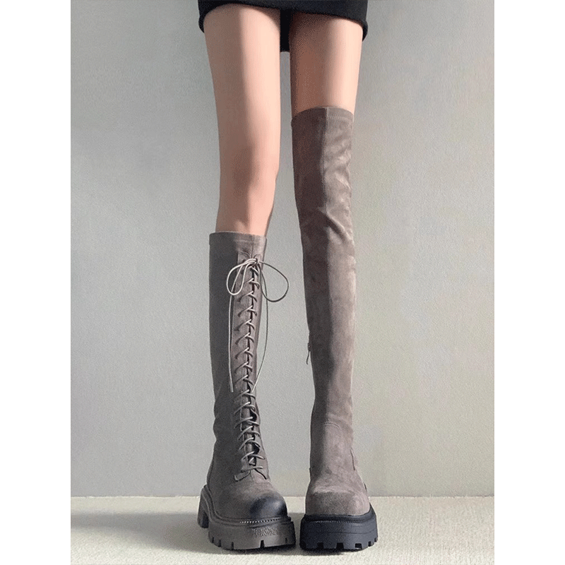 Sheepskin Version! Stretchy Slimming Over-The-Knee Boots for Women, Autumn and Winter Mid-High Tube Chunky Heel Thick-Soled Riding Boots for Petite Women with Laces Sheepskin Version! Stretchy Slimming Over-The-Knee Boots for Women, Autumn and Winter Mid-High Tube Chunky Heel Thick-Soled Riding Boots for Petite Women with Laces