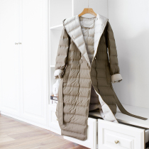 Double-sided contrast light thin 90 white duck down double-breasted lace-up waist hooded long down jacket women