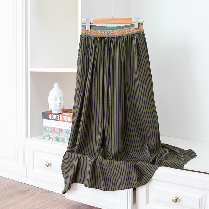 Floating Umbrella ~ Light Silk tight waist splicing cool stripes printed smooth double crepe silk A - skirt