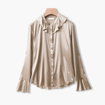 Nordic good small stretch silk satin ruffle stand collar flared shirt champagne top summer x