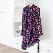 Light and elegant retro print temperament small stand neck drawstring waist long sleeve dress double cake skirt spring and summer