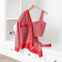 American MZ spring new red classic chickerbird jacquard round pearl buckle knitted cardigan vest can be split