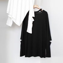 Personality hollow round neck cutting hole long sleeve light and soft cool cool modal knitted medium long T-shirt black q