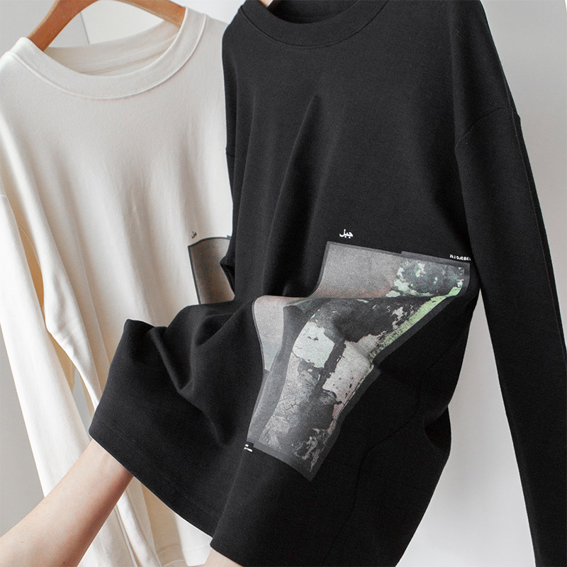 Delicious soft Egyptian all - cotton abstract digital printing round - collar tube languish shoulder long sleeve T - shirt black beige