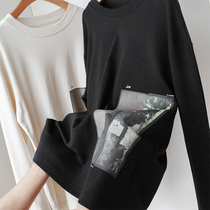 Delicate soft Egyptian cotton abstract digital print round neck straight lazy shoulder long sleeve t-shirt black beige
