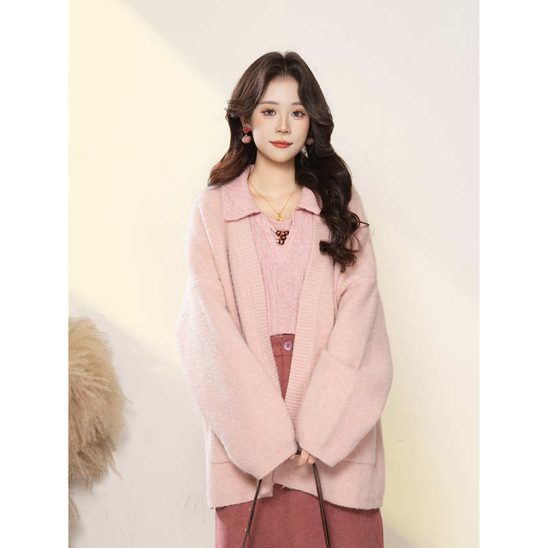 Dayuansad Zhiying Pink Loose Knit Cardigan for Women, Autumn Lazy Style V-Neck Soft Knit Sweater Coat