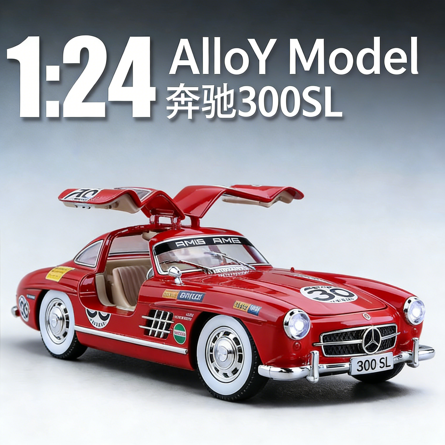 1:24 Mercedes-Benz 300Sl Diecast Model Car with Sound and Light, Benz Alloy 500K Model Pull-Back Simulation Toy Car