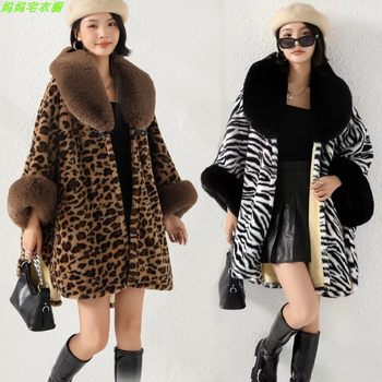 Autumn and winter large size loose leopard fur collar cape shawl women's woolen plus velvet thickened coat bat-style cashmere cape