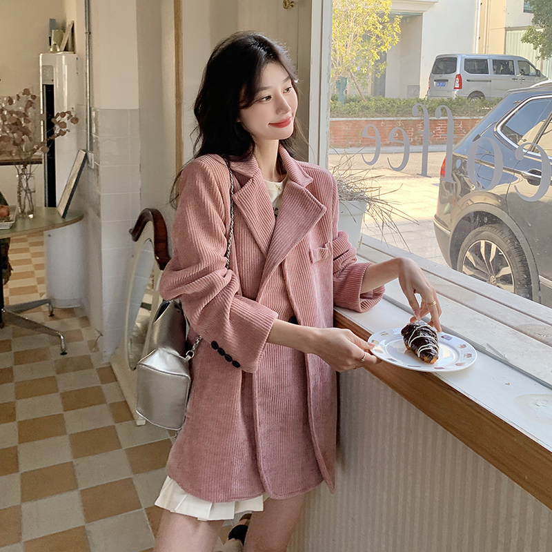 Super Stylish Pink Corduroy Blazer for Women, 2026 Spring New Model, High-End and Elegant, Casual Suit for Socialites