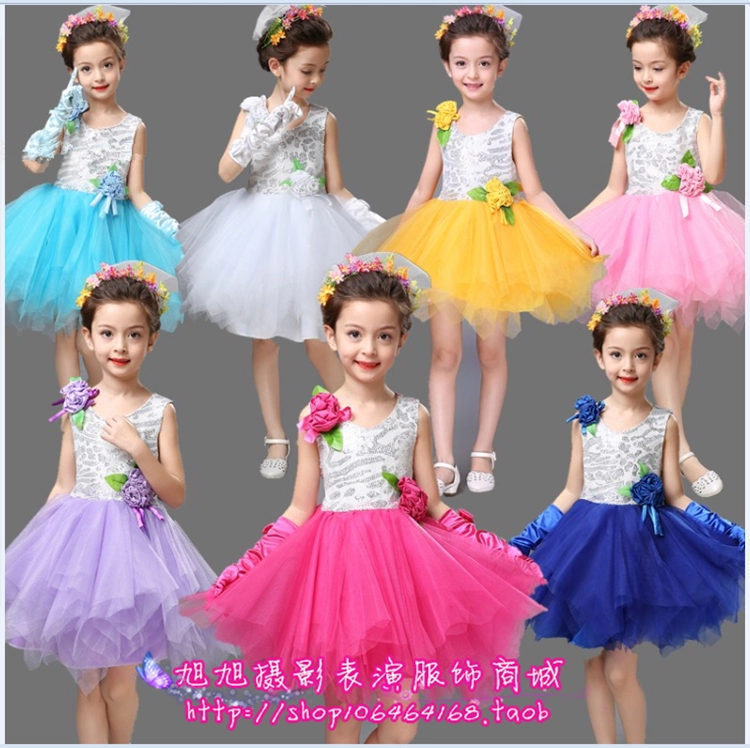 Đồng ca trẻ em ngâm thơ quần áo biểu diễn cô gái váy ngắn mùa xuân và mùa hè quần áo biểu diễn khiêu vũ trẻ em nhảy hiện đại váy gạc đính kết - Trang phục