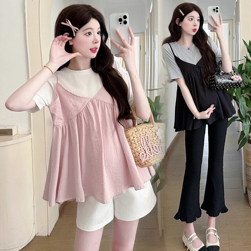 Maternity Tops, Summer Short-Sleeved, Stylish, Covering the Belly, Spliced Fake Two-Piece Sweet Suit, High-End 2025 New Style