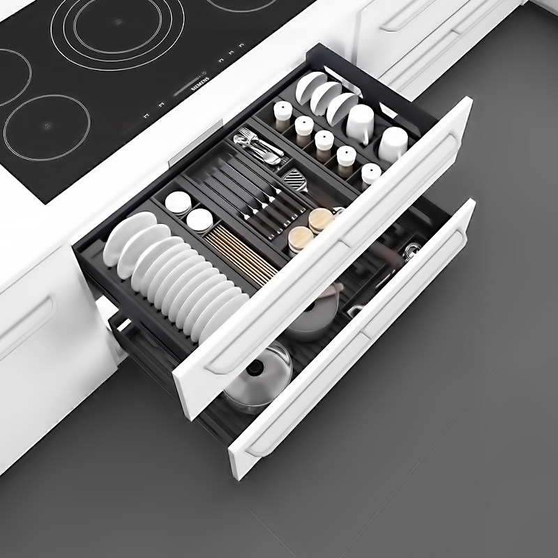 Kitchen integral cupboard double decker drawbar basket bowls shelf to contain the dish basket?Combined module case buffer with car bowl basket
