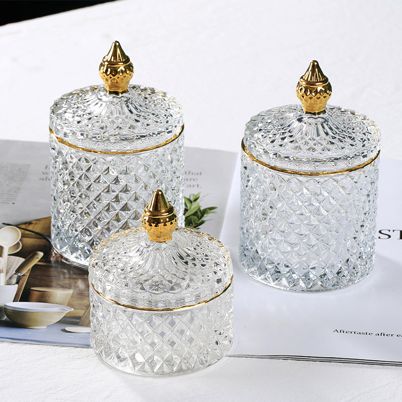 ins retro glass jar transparent gold jewelry storage box storage pot cotton swab can Tea sugar candy jar