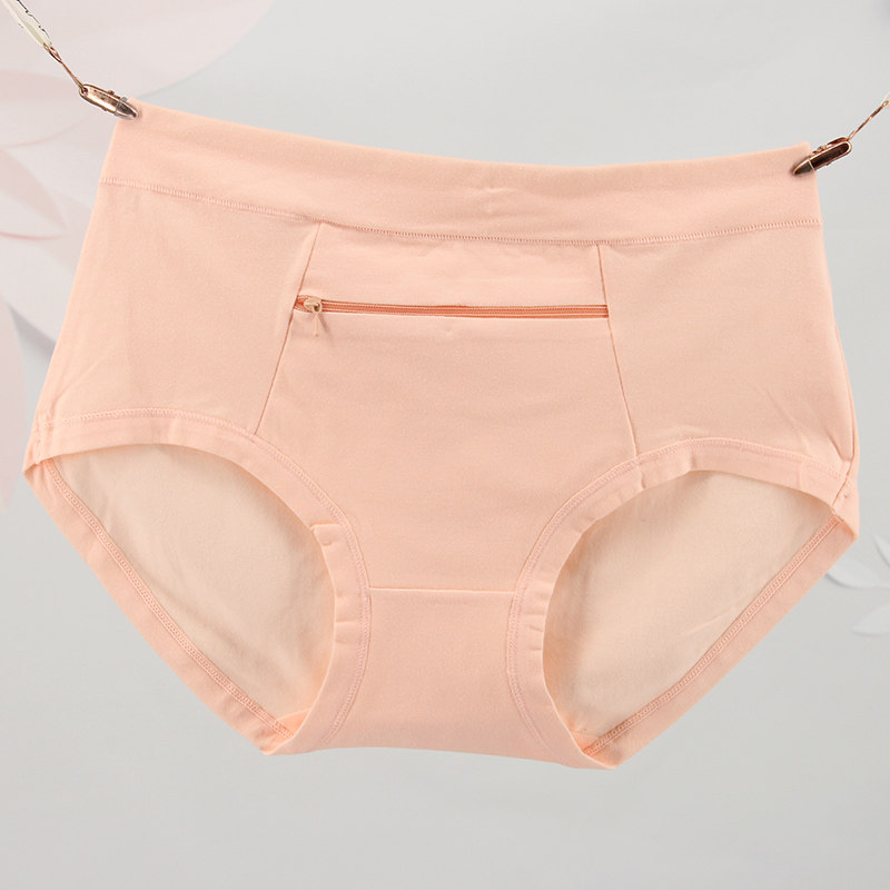Mid-Waist Cotton Crotch Solid Color Lightweight Breathable Pocket Zipper Anti-theft Women's Panties Large Size Briefs