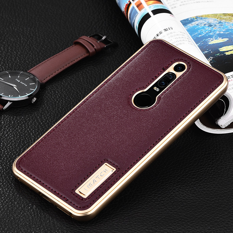 iMatch Luxury Aluminum Metal Bumper Premium Genuine Leather Back Cover Case for Porsche Design Huawei Mate RS