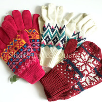 Winter new product British single color snow jacquard striped wool knitted gloves for women warm full finger five finger thick