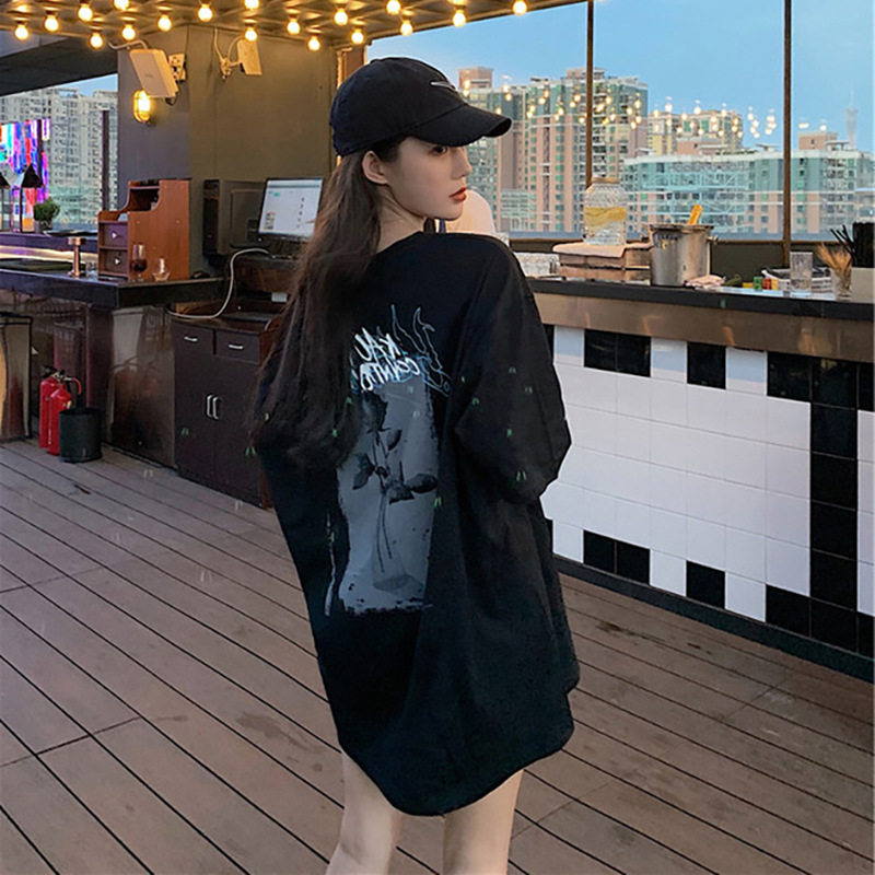 Summer slim in black mid-long version T-shirt woman 2022 Fashion 100 hitch vintageBF sweet Shot down the street clothes