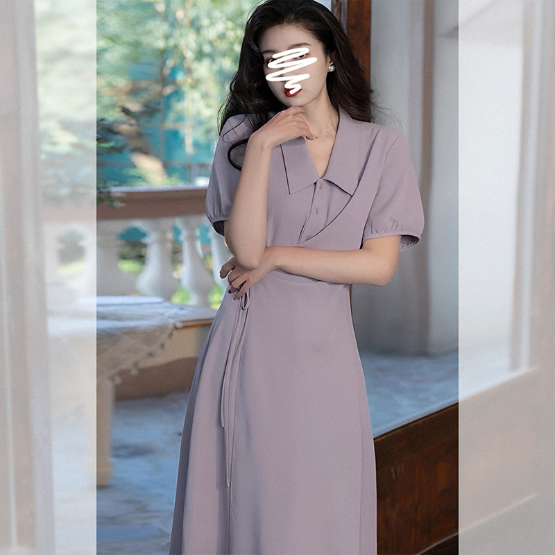 Farish Purple Gentle Wind Advanced Sensation Polo Collar Foreign Dress Summer Sweet-to-Sister Little Blister Sleeves Skirt