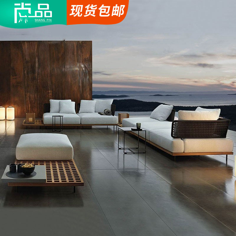 Teak outdoor sofa courtyard terrace corner hotel leisure open-air balcony rattan sofa outdoor rain and sunscreen