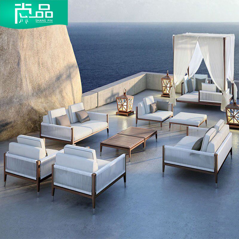 Teak Outdoor Sofa Leisure Garden Rattan Furniture Outdoor Outdoor Anti-corrosion Solid Wood Sofa Balcony Garden Rattan Chair