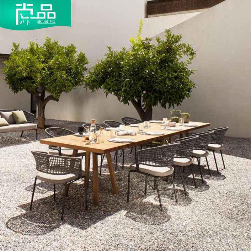 Outdoor courtyard table and chair terrace outdoor waterproof sunscreen leisure solid wood dining table model room open-air villa garden chair