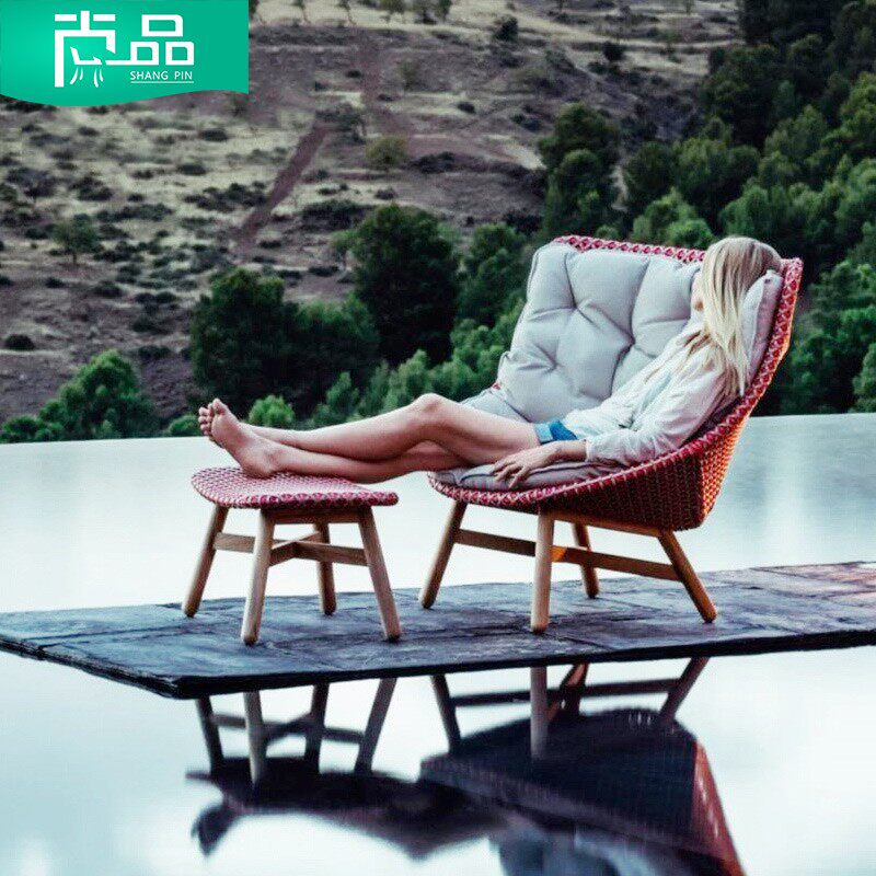 Teak outdoor sofa courtyard open-air leisure rattan furniture outdoor garden rattan furniture villa model room rattan chair