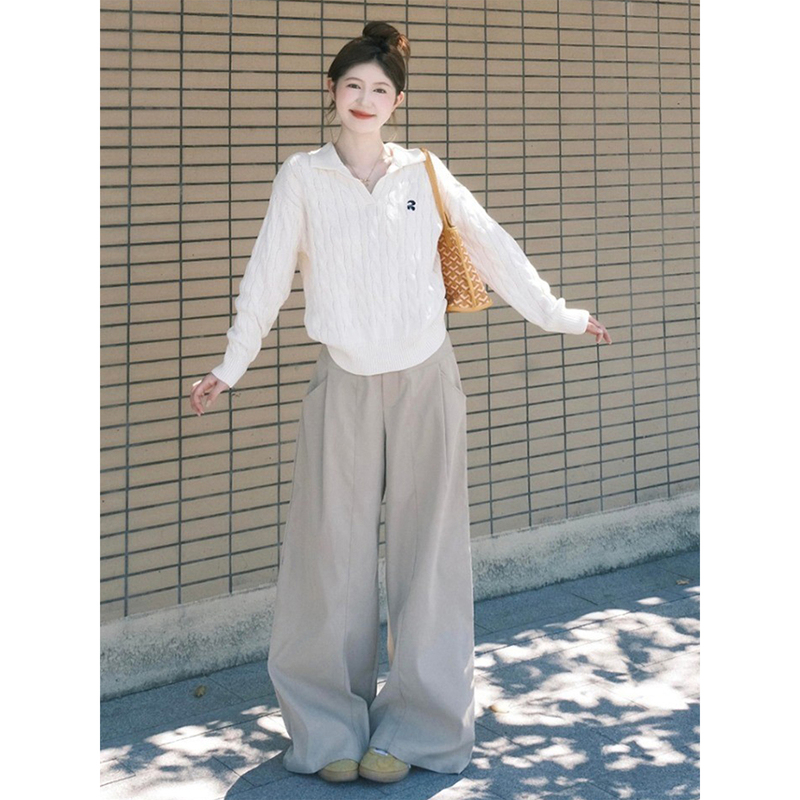 Korean-Style College-Style Casual Sports Suit for Women, Spring and Autumn Design, Lapel Knitted Sweater, Wide-Leg Pants Two-Piece Set