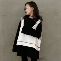 Girl Suit Splicing Fake Two-piece Sweater Jacket Spring Autumn Season Children Dress Foreign Air Big Girl Hit Bottom Pants Two Sets
