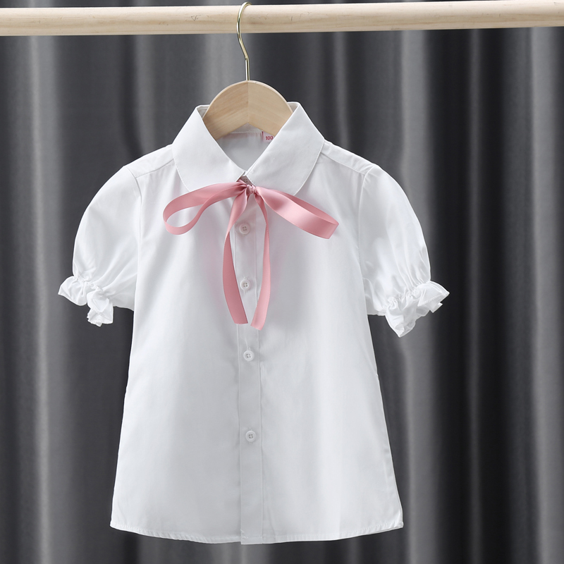 Girls' Short-Sleeved White Shirt, Pure Cotton Puff-Sleeve Top, Children's Clothing, Summer Middle-Aged and Older Children's Preppy Style Suit, Children's Shirt