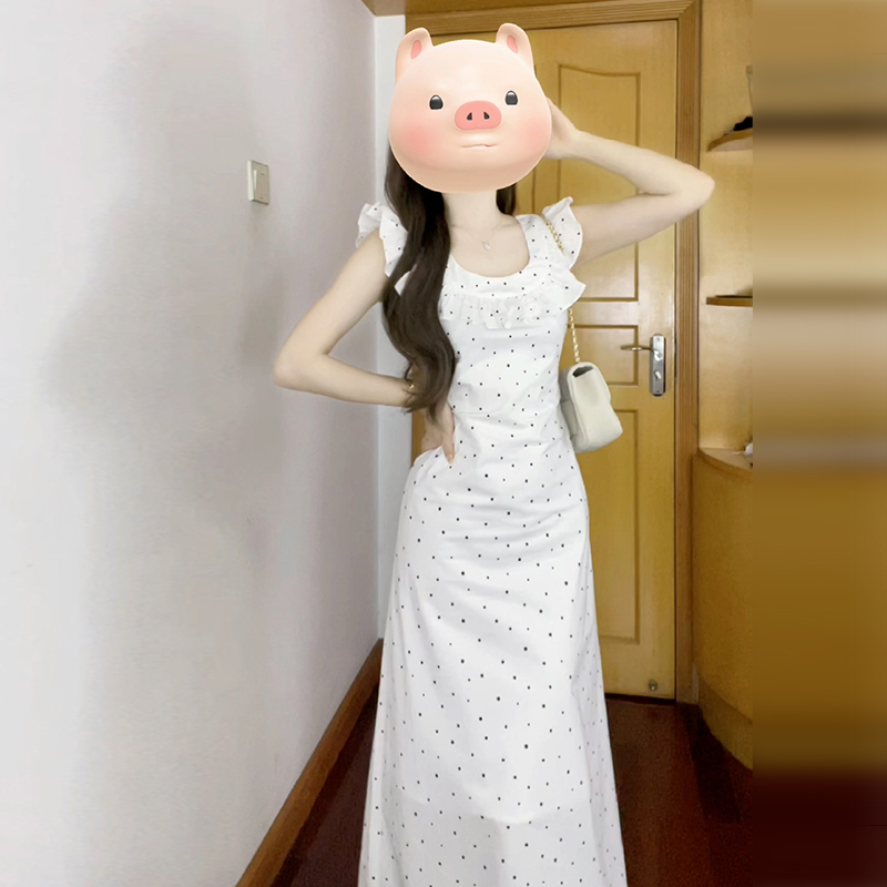 2026 New French-Style White Polka Dot Dress with Small Flutter Sleeves for Women, Summer Ruffled Waist-Cinching Elegant Spaghetti Strap Dress