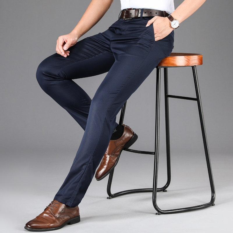 Traditional casual pants Men's slim business professional trousers Formal small feet casual ice silk thin section youth Tencel pants