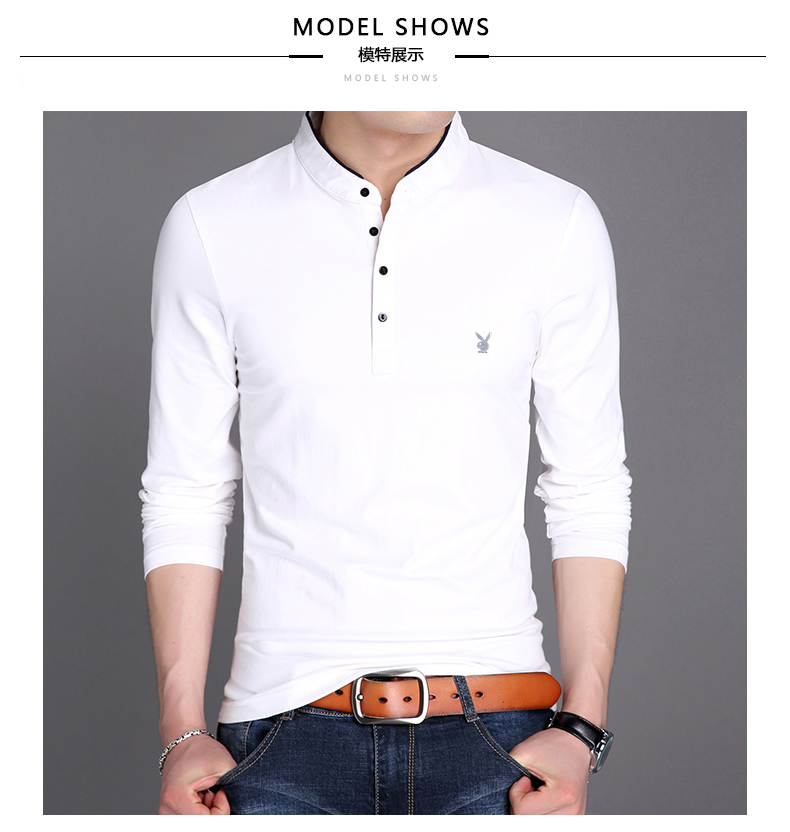 Playboy Mùa Xuân và Mùa Thu Nam Dài Tay Áo T-Shirt Cotton Mỏng Nam Đứng Cổ Áo Slim Trung Niên T-Shirt Áo Sơ Mi