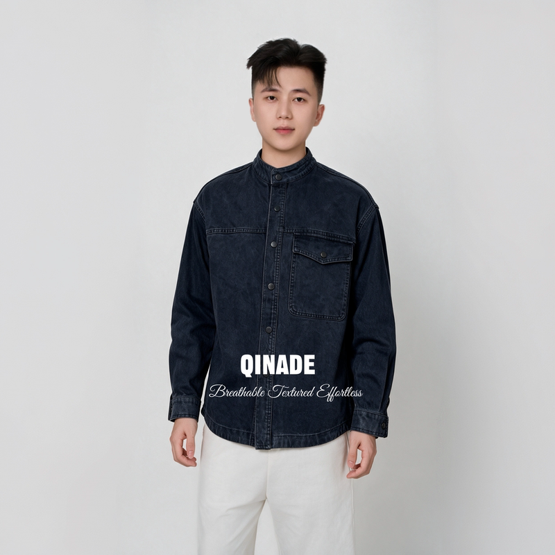 Qinade American Retro Pure Cotton Enzyme-Washed Denim Stand-Collar Jacket for Men, Early Autumn Fashion Versatile Top