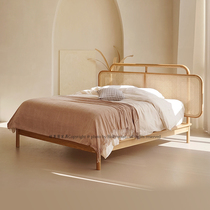 Wabi-sabi style rattan bed solid wood double bed rattan bed Japanese style bedroom 1 5 meters B&B 1 8 meters North American red oak