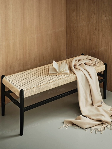 Длинная табуретка хвостовое стул современный простота обувное стул с твердым деревом кожаная бумага бумажная веревка тканая пищевая табуретка дома черные бревна