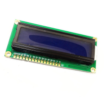 LCD1602 with backlit LCD display on blue background with white text 1602A-5V LCD display