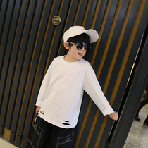 Boys new white T-shirt 2021 spring style cotton coat childrens spring and autumn models