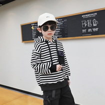 Boys striped hooded plus velvet sweater 2020 mid-day childrens one velvet padded coat childrens clothing tide
