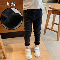 Boy plus velvet jeans autumn and winter Korean version of medium and large children thick pants tide children Boy black outside