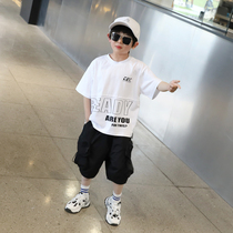  Childrens short-sleeved t-shirt boys summer new childrens clothing trendy white middle and large childrens fried street clothes pure cotton half-sleeved t-shirt
