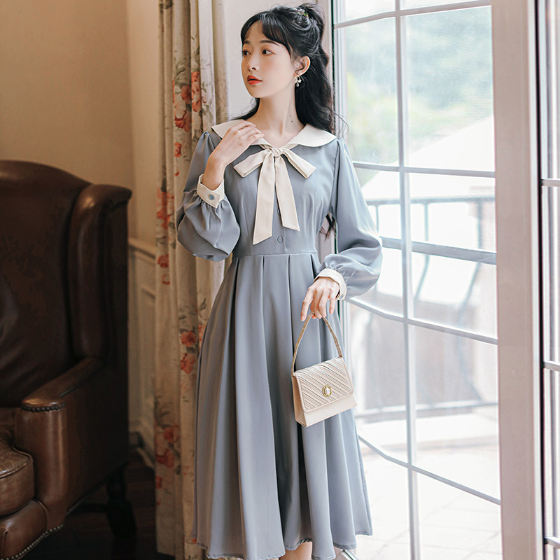 Doll collar dress female spring and autumn 2021 new student sweet and cute Japanese long-sleeved French retro tea break skirt