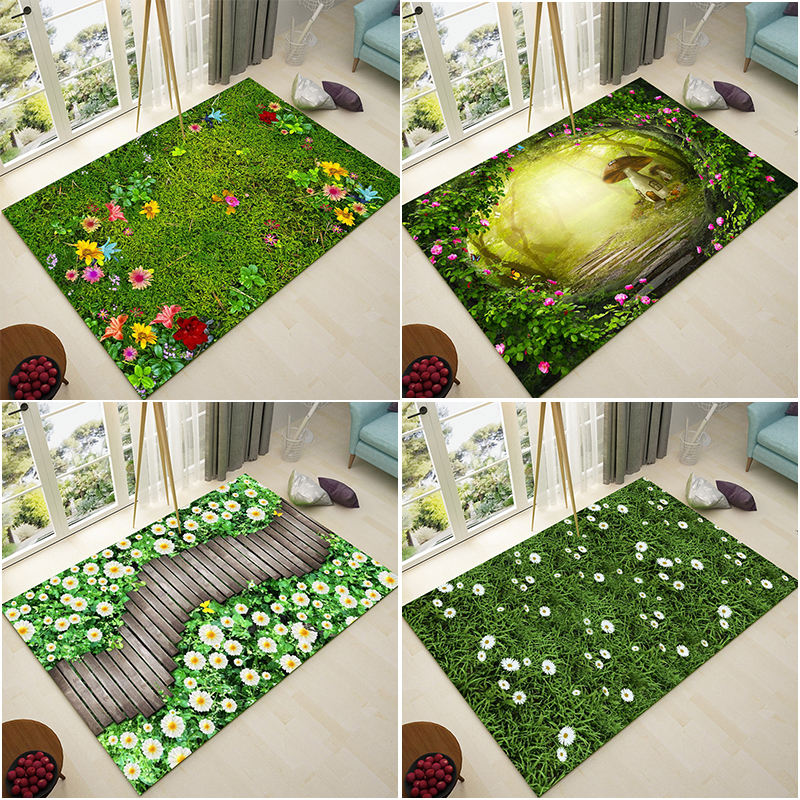 Rural Home Carpet Living Room Sofa Coffee Table Balcony Leisure Area Green Bedroom Green Plants Grassland Forest 3D Floor Mat