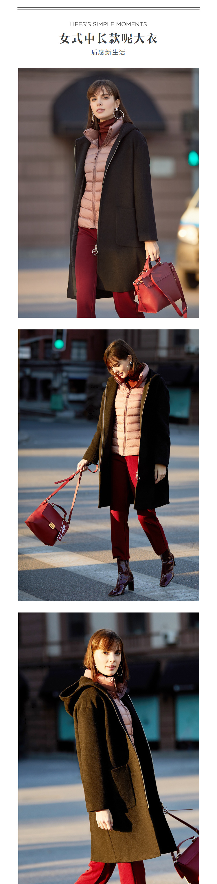 MAXWIN 马威 女式中长款宽松连帽 双面羊毛呢大衣外套 聚划算+天猫优惠券折后¥349包邮(¥399-150)2色可选