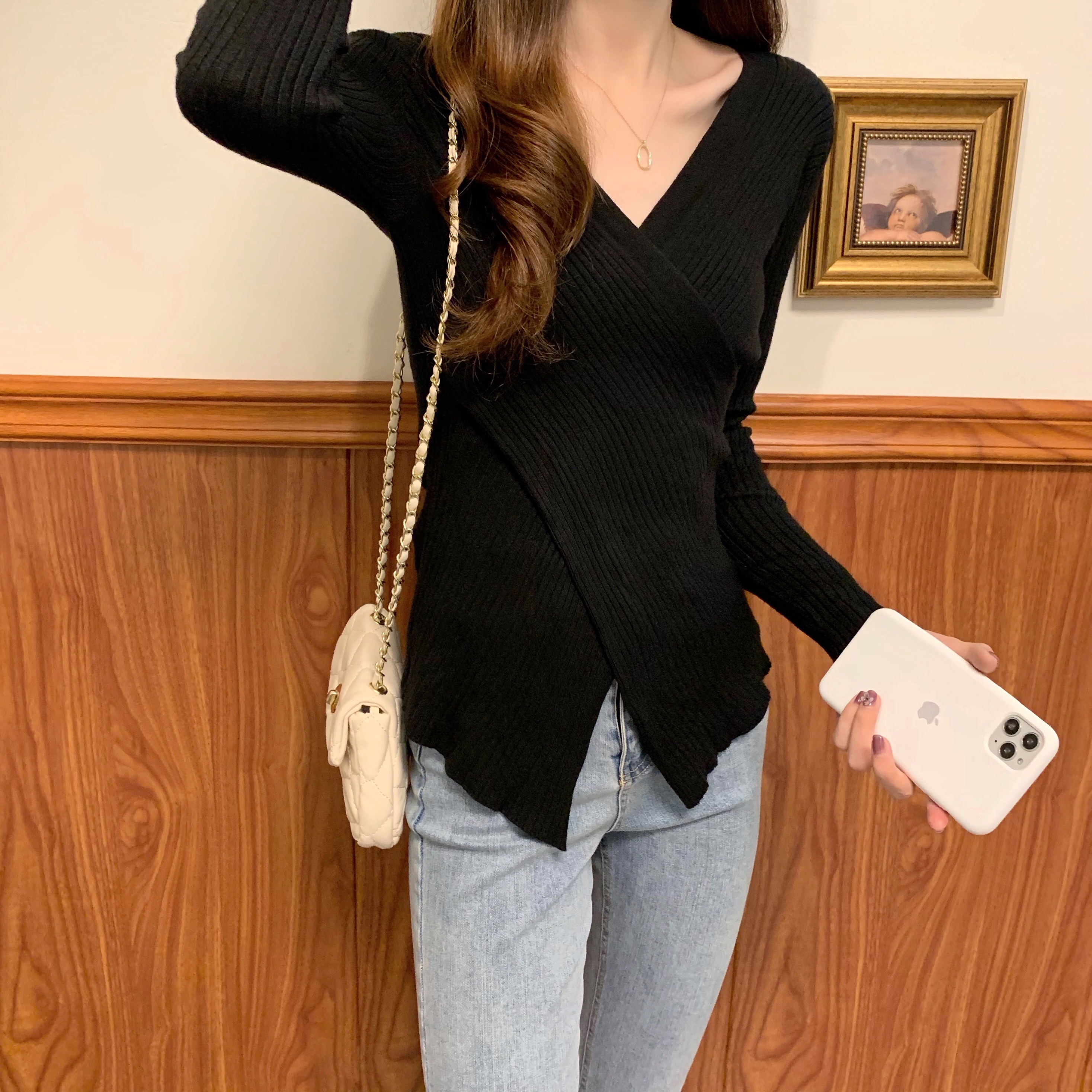 Real shot real price ~ autumn and winter new sexy cross V-neck slim fitting sweater