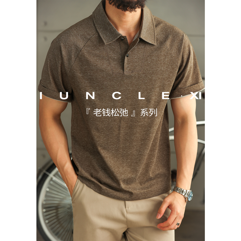 Iunclexi【Relaxed Old Money】Floral Textured Raglan Short Sleeve Polo Shirt for Men, Light Mature Business Collar T-Shirt