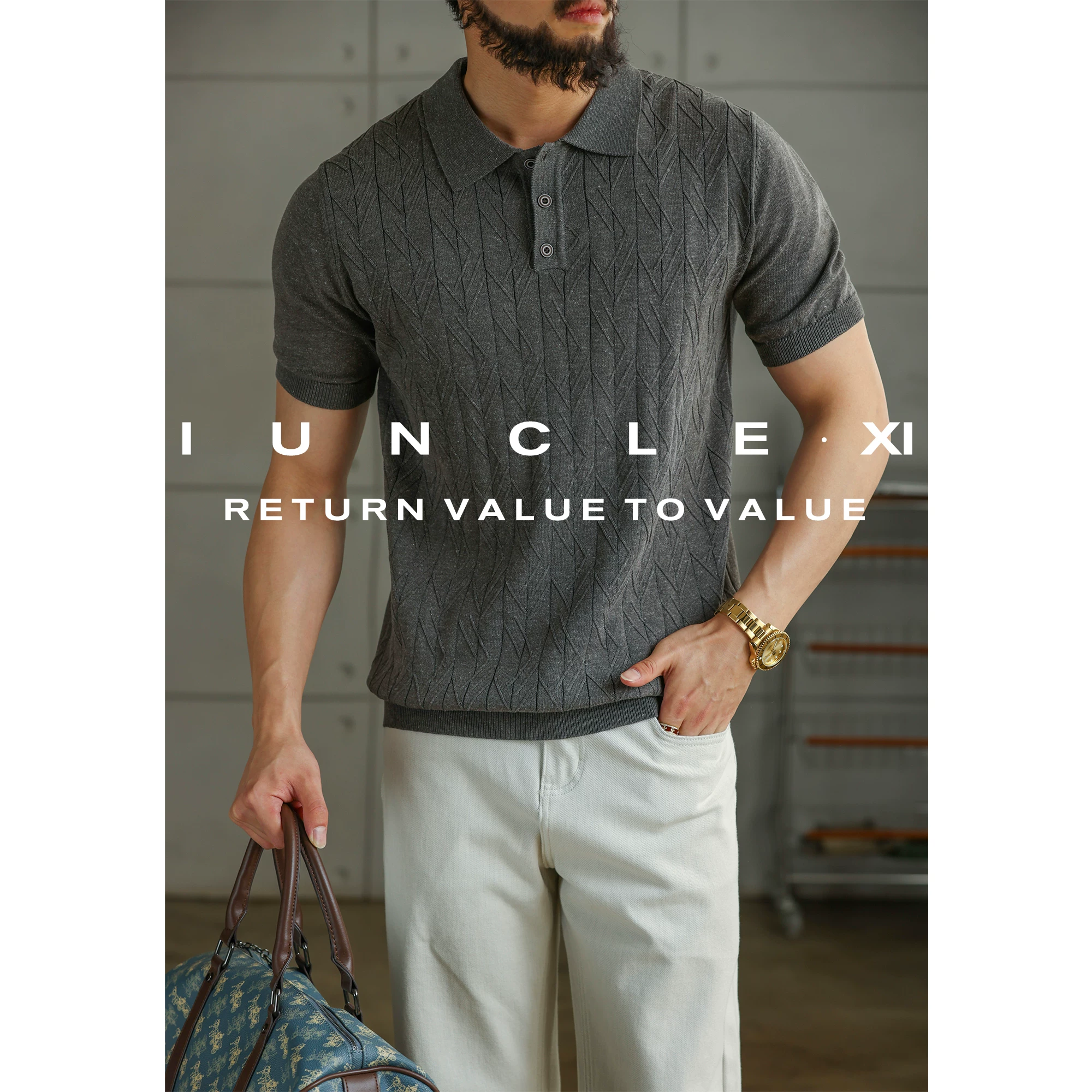 IUNCLEXI [Tencel Linen] старая монета твилл жаккардовая текстура короткие рукава POLO рубашка мужская комфортная трикотажная футболка